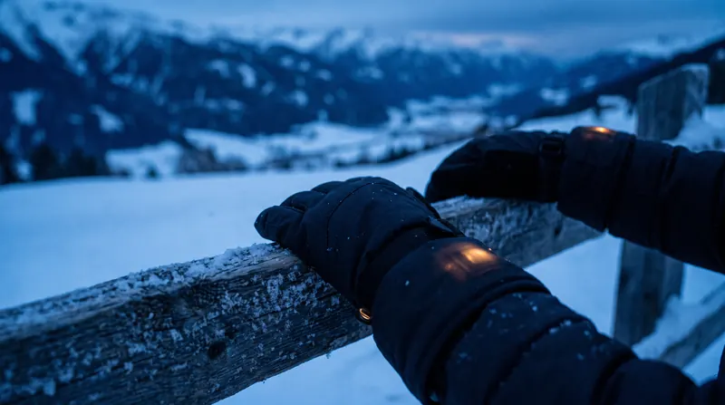 Heated gloves resting on a snowy wooden fence with mountains behind