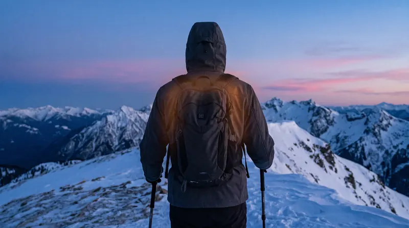 Hiker in a heated jacket on a snowy mountain ridge at sunrise