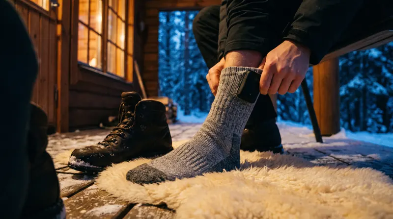 Heated socks with a battery at the cuff being pulled on on a snowy cabin porch