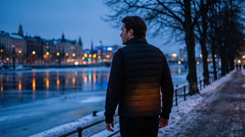 Man wearing a heated vest by a city river at winter dusk