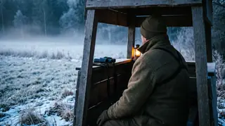 Jäger mit Heizweste für die Jagd auf dem Ansitz über einer frostigen Wiese
