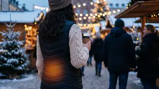 Woman wearing an Ororo heated vest over a knit sweater at a snowy winter market