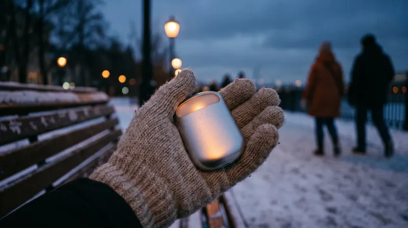 Rechargeable hand warmer glowing in a knit-gloved hand in a winter park